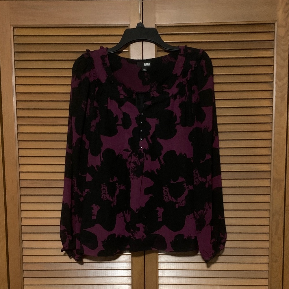A New Approach Dark Purple Black Floral Half Button Long Sleeve Blouse Medium M